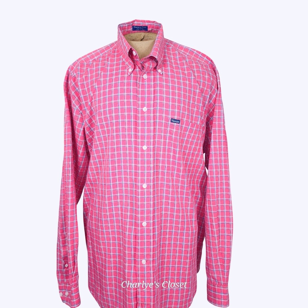 Faconnable Mens Button Down Shirt XL Pink Plaid Cotton Resortcore Made in USA - Picture 2 of 8